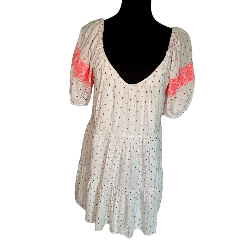 LOFT White Polka Dot Embroidered Tiered Mini Dress Puff Sleeve Size M Boho